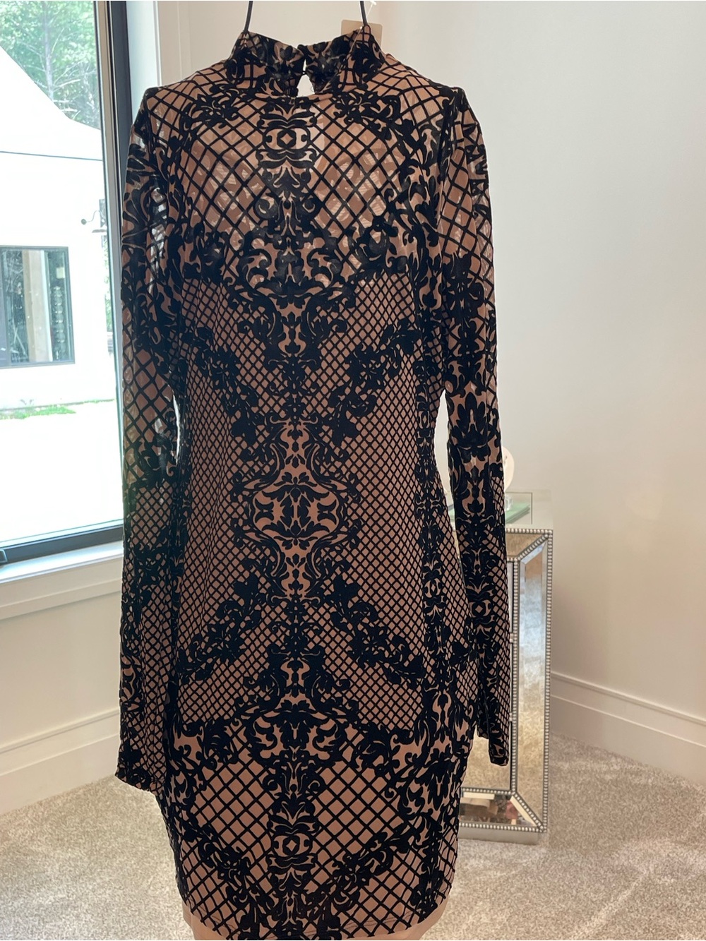 Windsor Nude and Black Long-Sleeve Lace Overlay Dress
